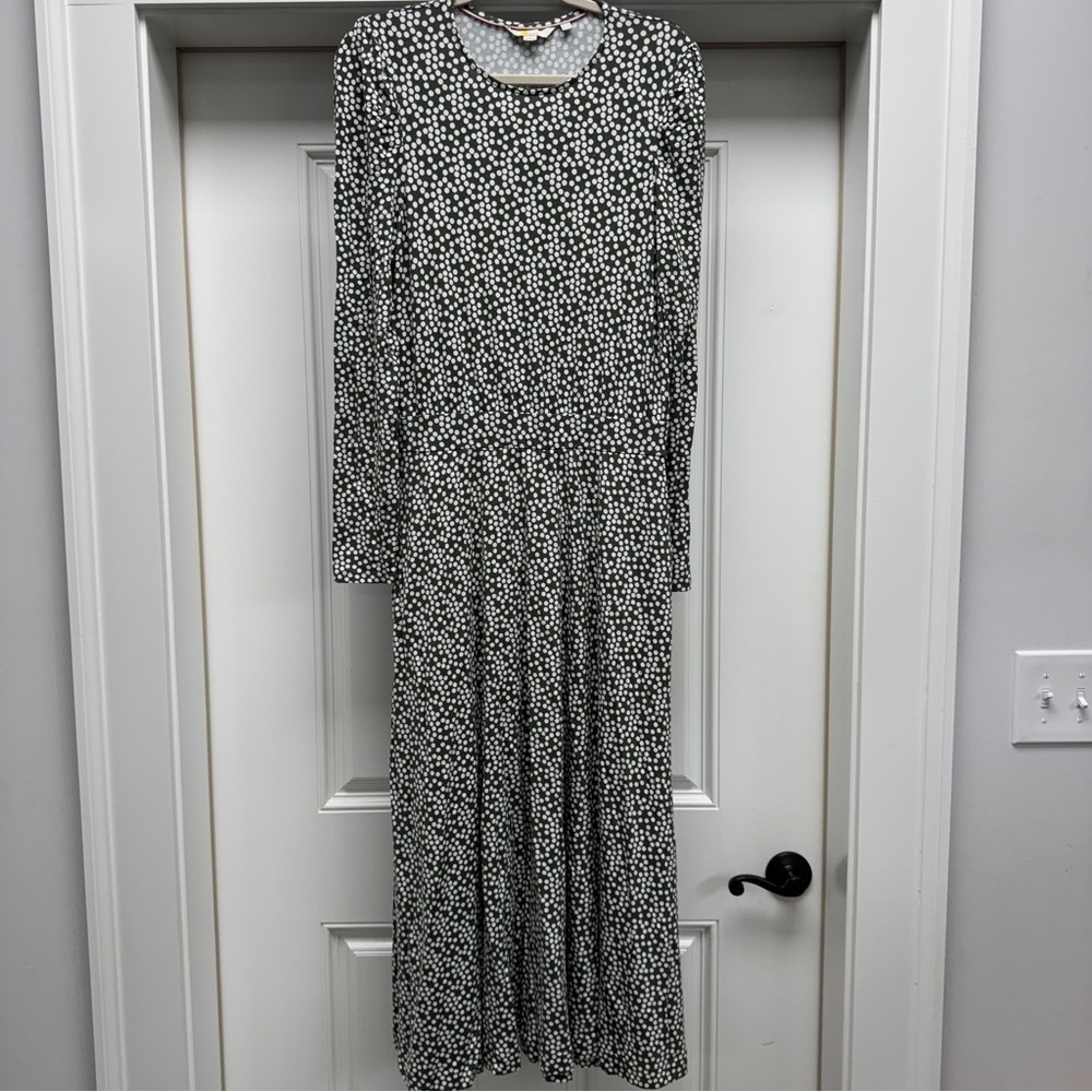 Boden Hunter Green and White Polka Dot Midi Dress